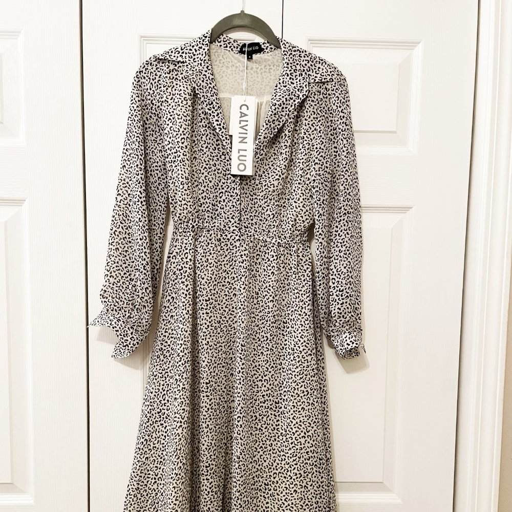 NWT Clavin Luo Black White Cheetah Midi Dress